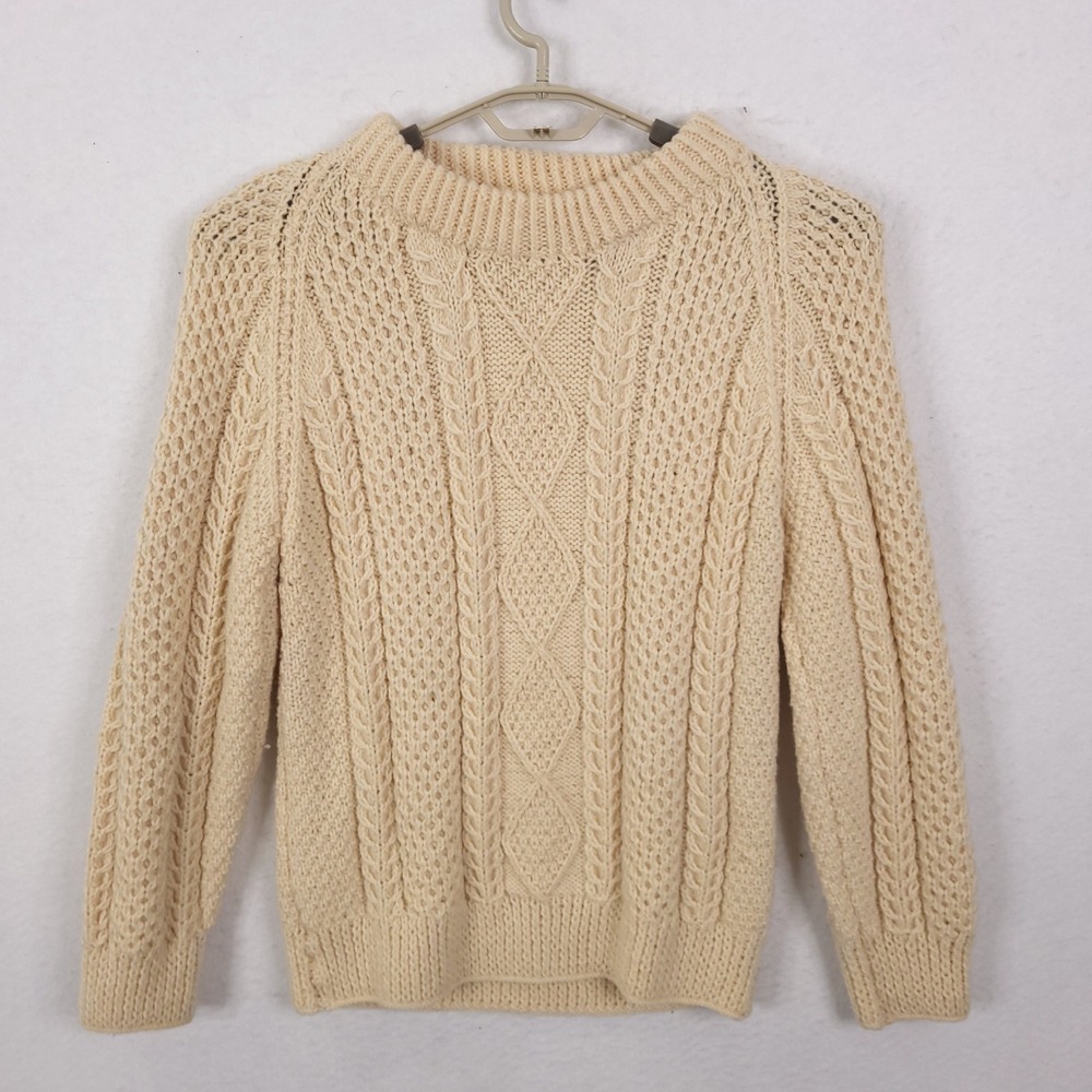 Sheila Handknits Cable Knit Sweater Womens L Cream Irish Wool Aran Fisherman